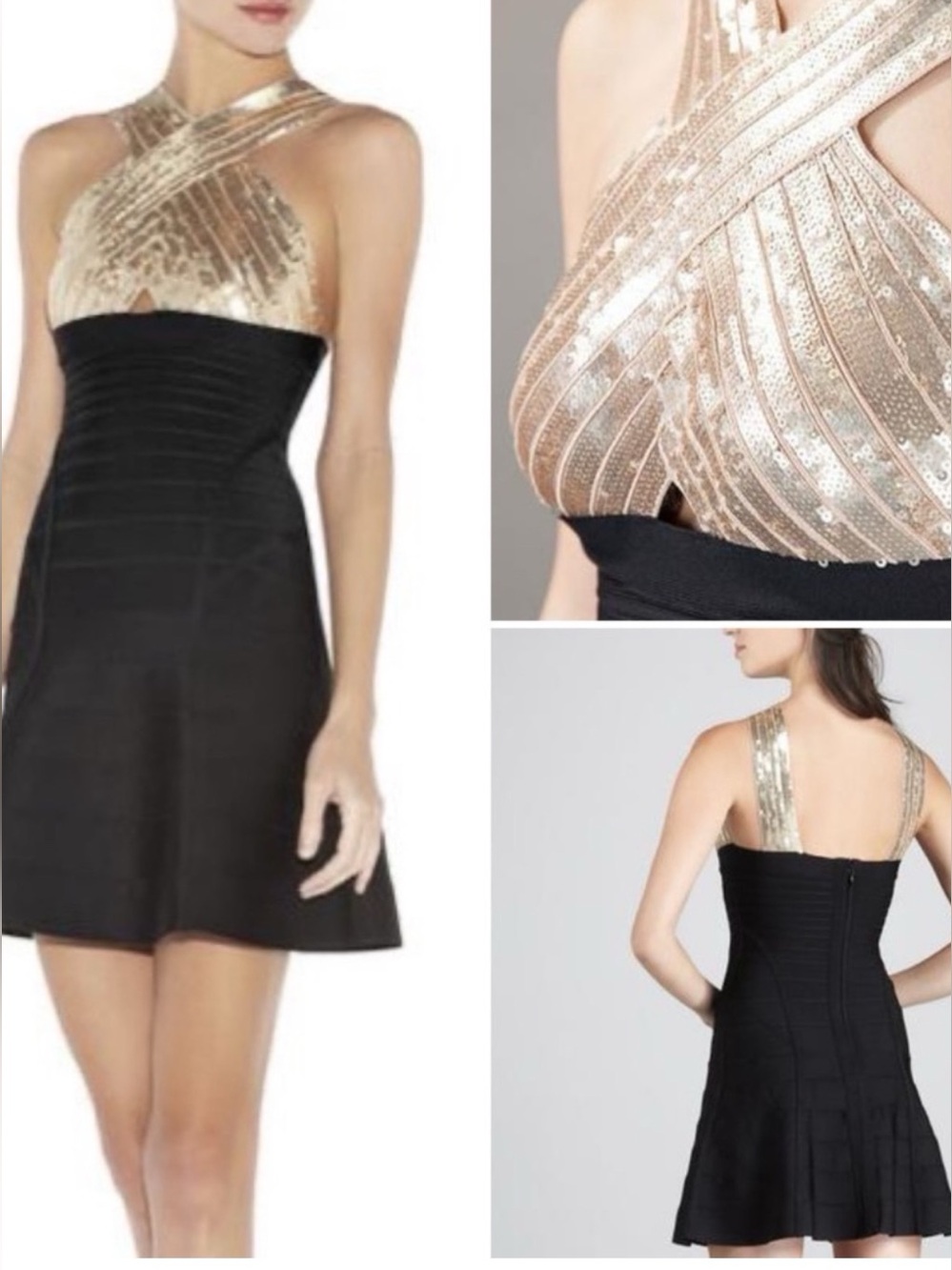 Herve Leger Black and Gold Asymmetrical Sequin Fit & Flare Dress